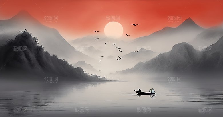 高级国风水墨简约山水画