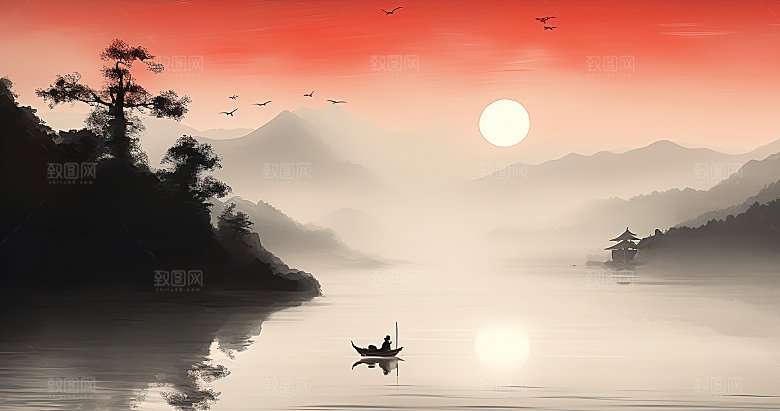 高级国风水墨简约山水画