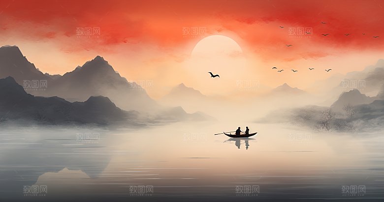 高级国风水墨山简约水画