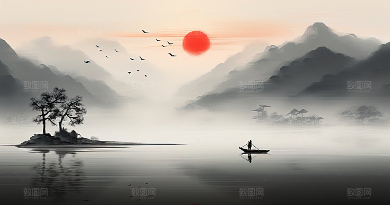高级国风水墨山简约水画