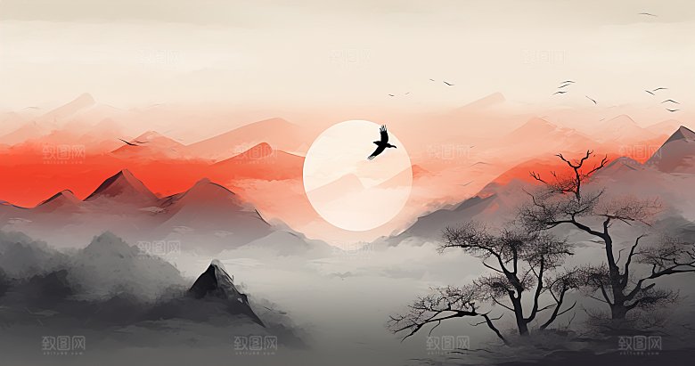 高级国风水墨山简约水画