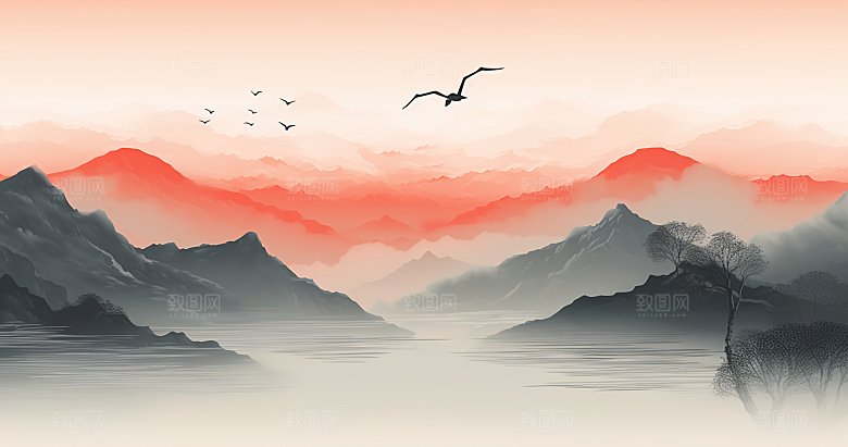 高级国风水墨山简约水画