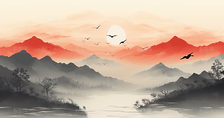 高级国风水墨山简约水画