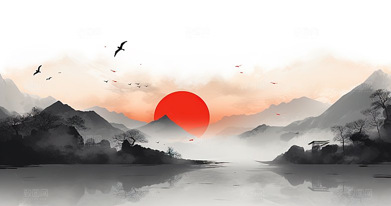 高级国风水墨山简约水画