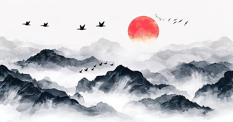 高级国风水墨山简约水画