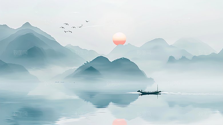 高级国风水墨山简约水画