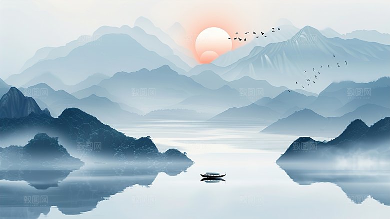 高级国风水墨山简约水画