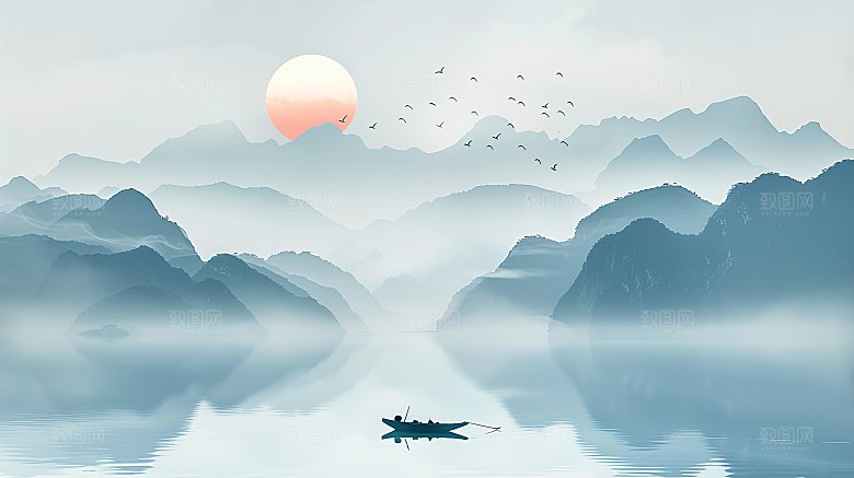 高级国风水墨山简约水画