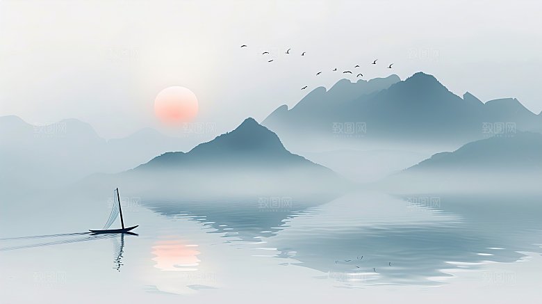 高级国风水墨山简约水画