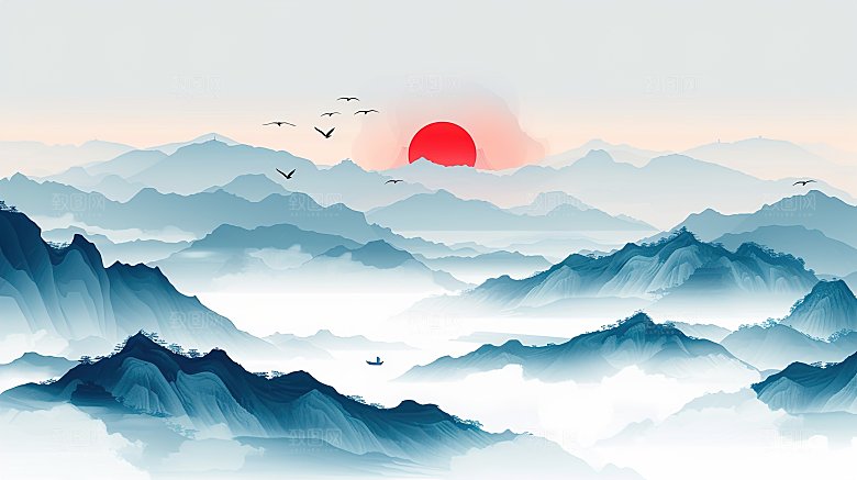 高级国风水墨山简约水画
