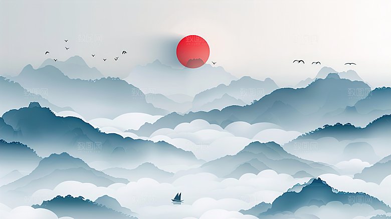 高级国风水墨山简约水画