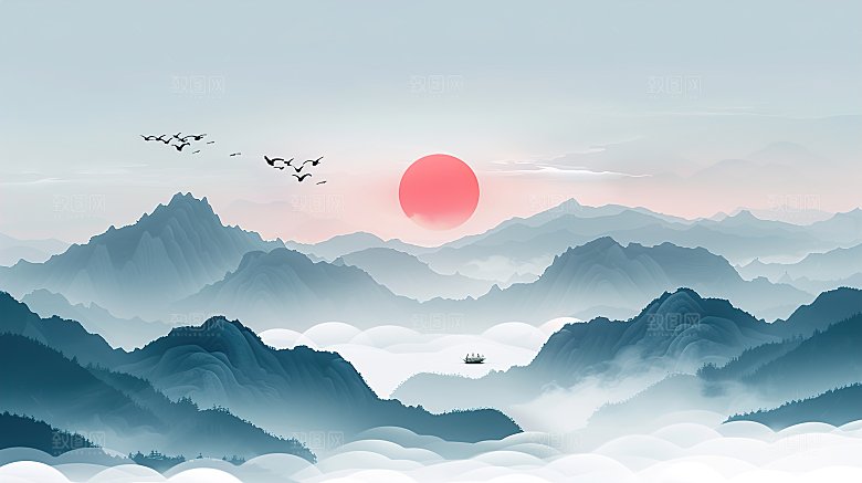 高级国风水墨山水画简约