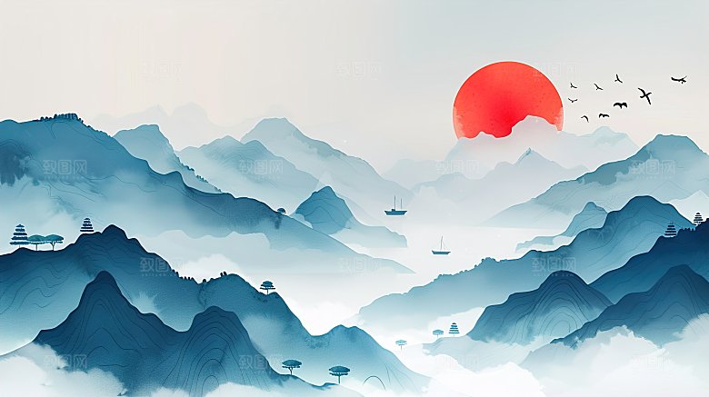高级国风水墨山水画简约