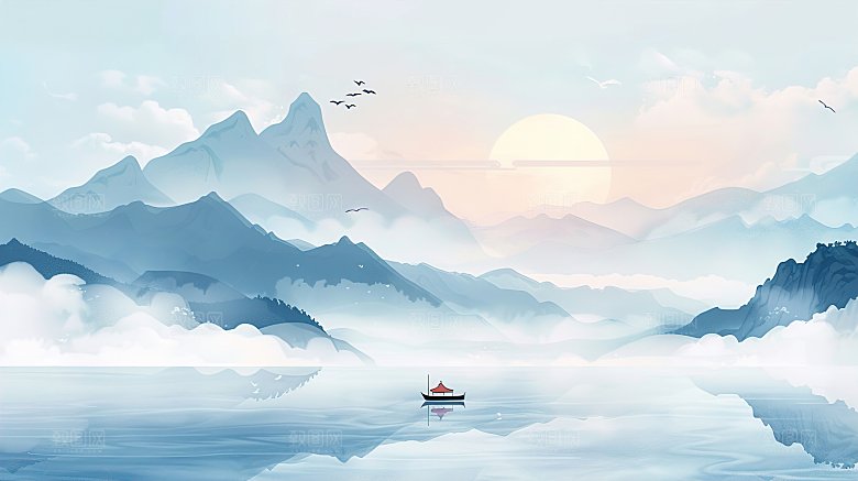 高级国风水墨山水画简约