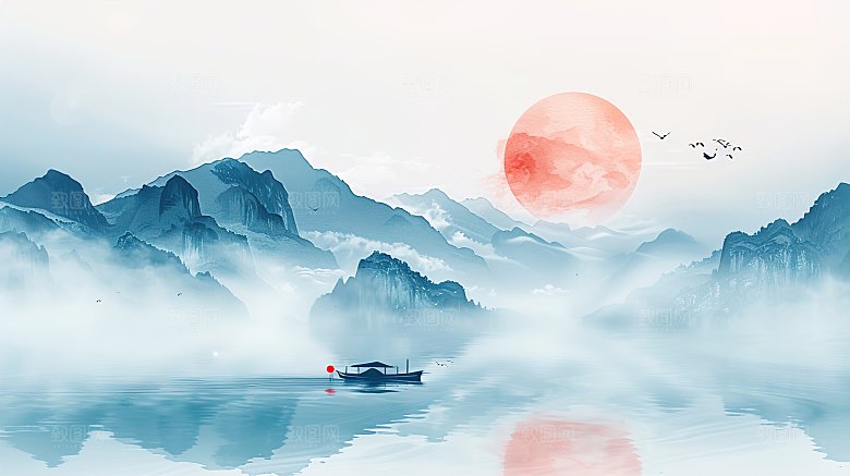 高级国风水墨山水画简约
