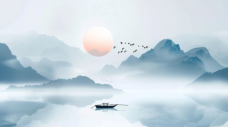 高级国风水墨山水画简约