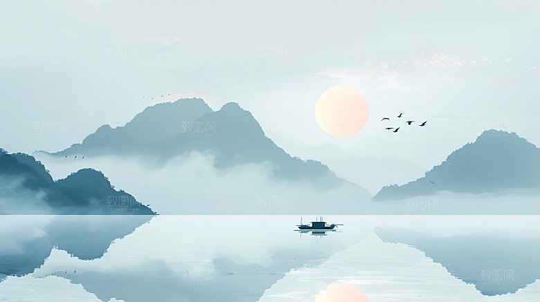 高级国风水墨山水画简约