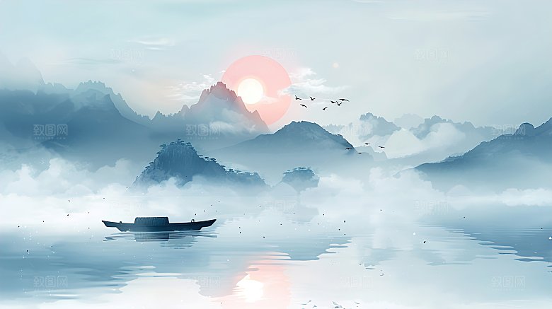 高级国风水墨山水画简约