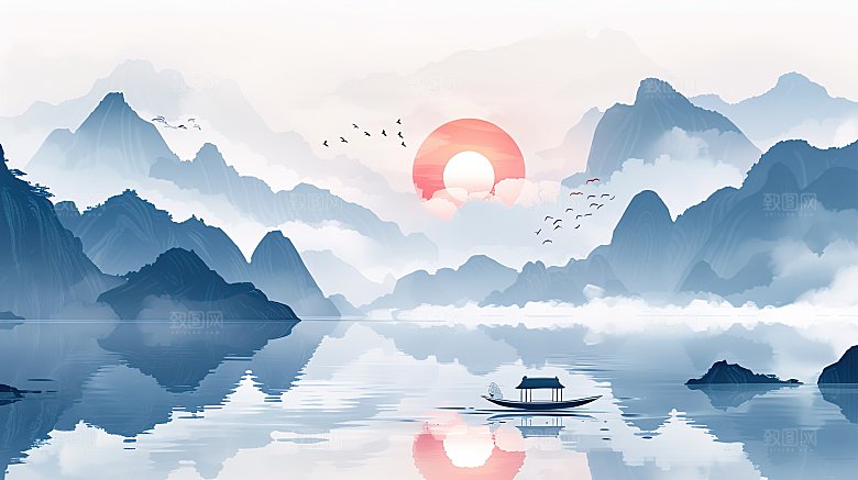 高级国风水墨山水画简约