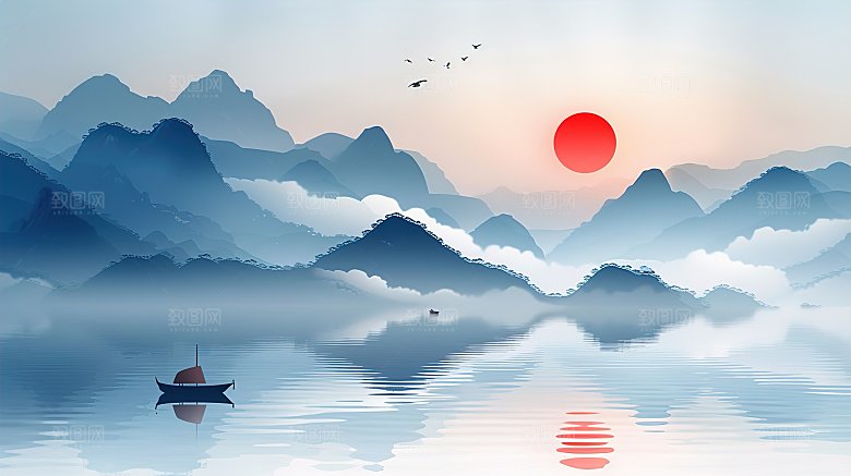 高级国风水墨山水画简约