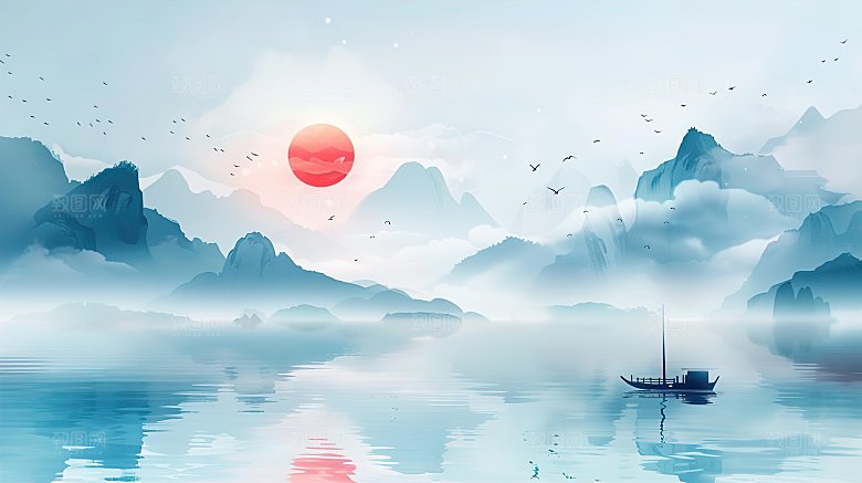 高级国风水墨山水画简约