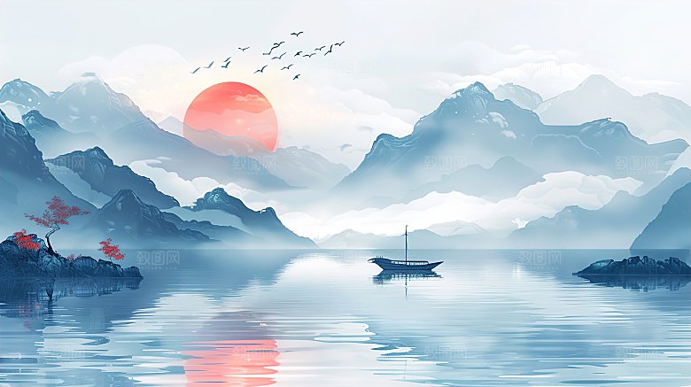 高级国风水墨山水画简约