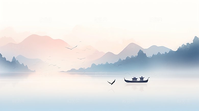 高级国风水墨山水画简约
