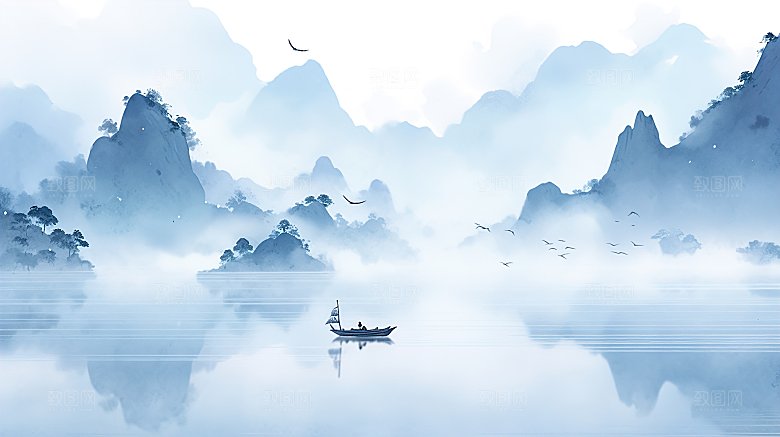 简约国风水墨高级山水画