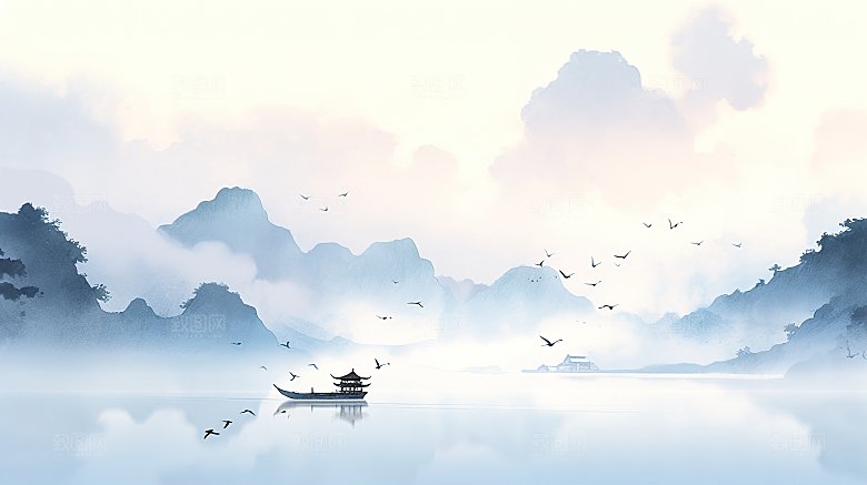 简约国风水墨高级山水画