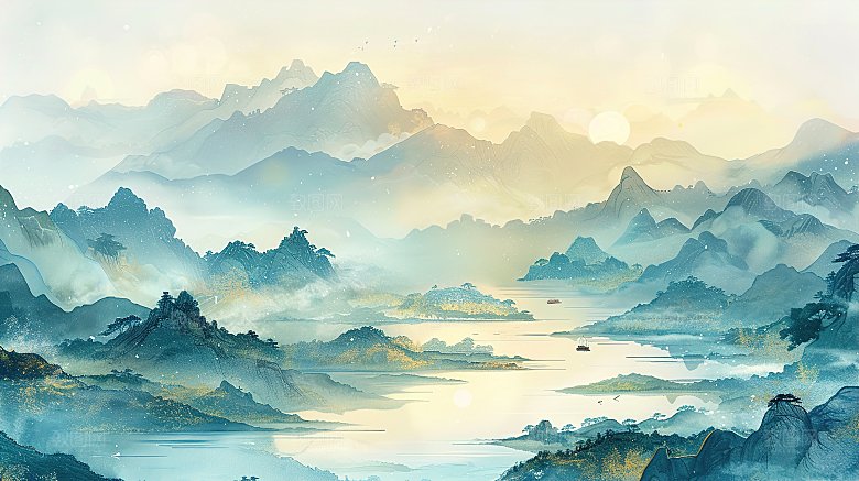 简约高级国风水墨山水画