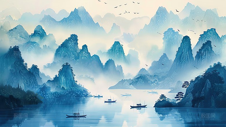 简约高级国风水墨山水画