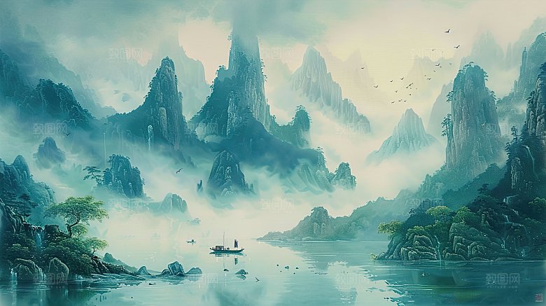 简约高级国风水墨山水画