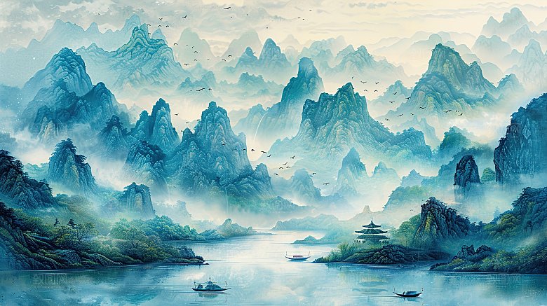 简约高级国风水墨山水画