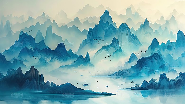 简约高级国风水墨山水画