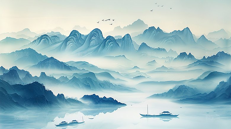 简约高级国风水墨山水画