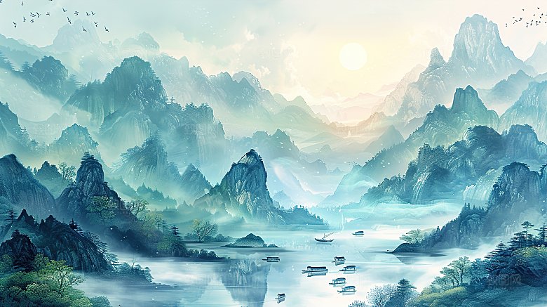 简约高级国风水墨山水画