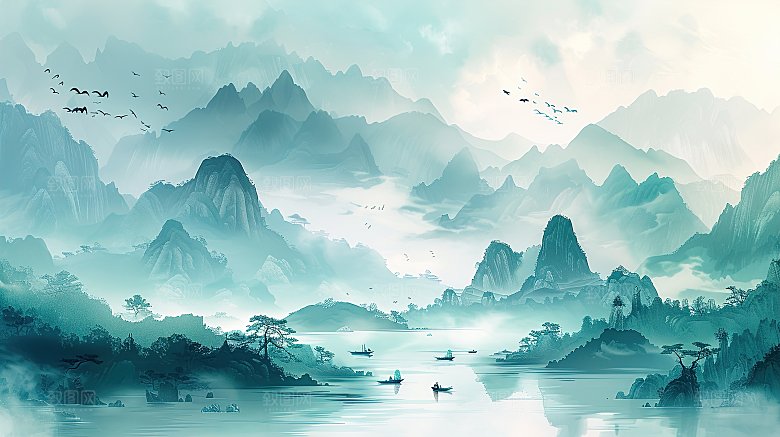 简约高级国风水墨山水画