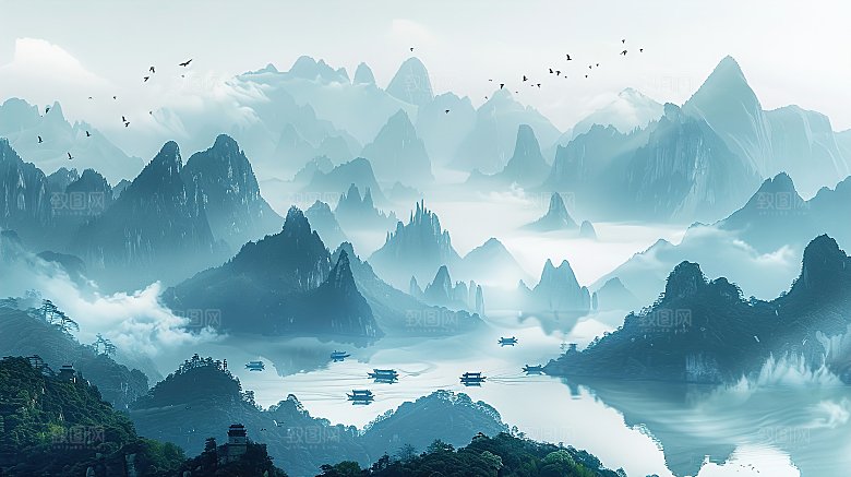简约高级国风水墨山水画