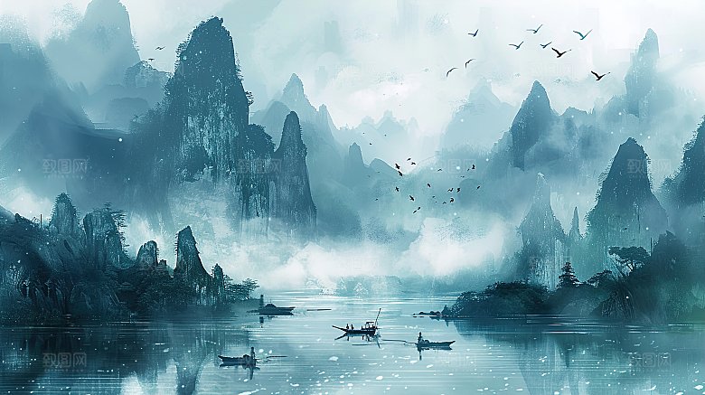 简约高级国风水墨山水画
