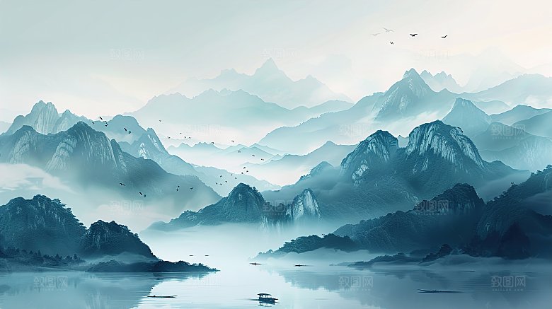 简约高级国风水墨山水画