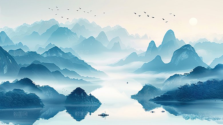 简约高级国风水墨山水画