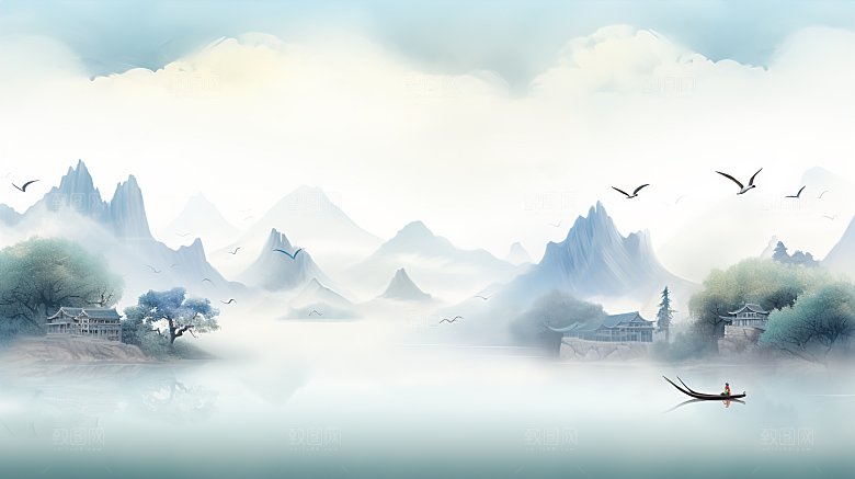 简约高级国风水墨山水画