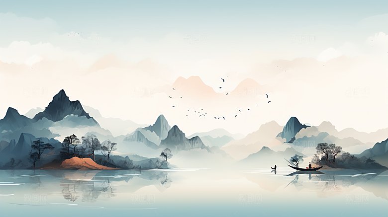 简约高级国风水墨山水画