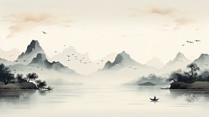 简约高级国风水墨山水画