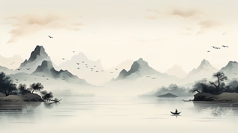 简约高级国风水墨山水画