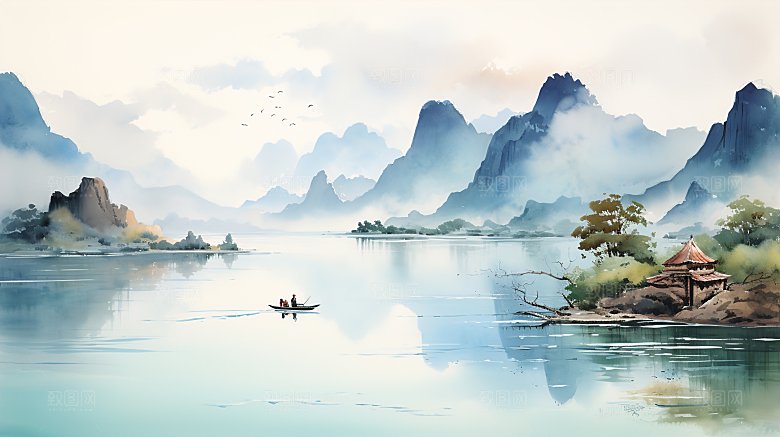 高级简约国风水墨山水画