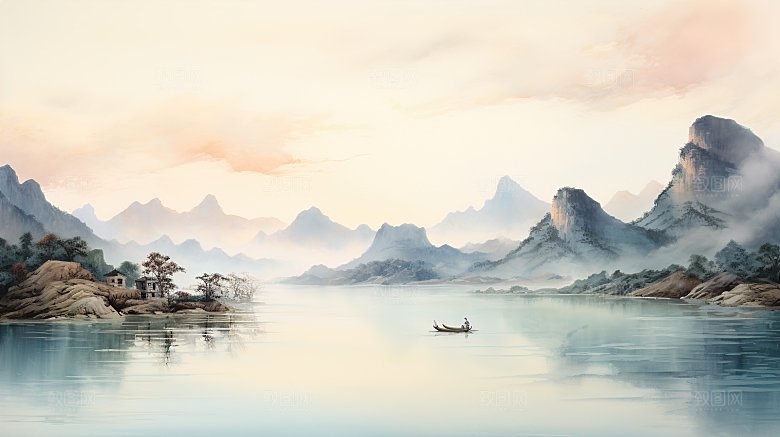高级简约国风水墨山水画