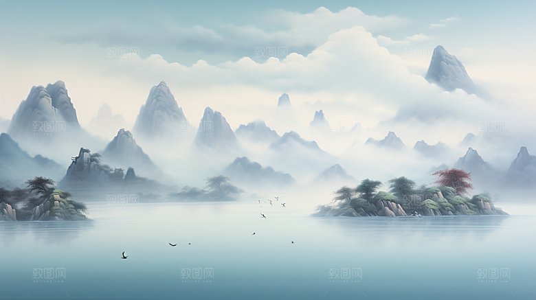 高级简约国风水墨山水画
