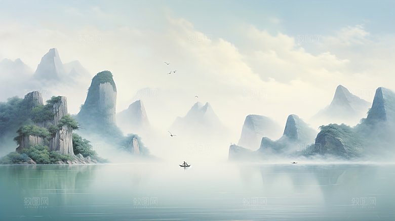 高级简约国风水墨山水画