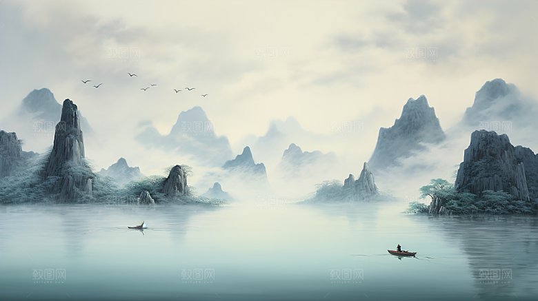 高级简约国风水墨山水画